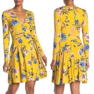 Yumi Kim Dress Women’s XS Yellow Floral Jersey Wrap Long Sleeve A-Line Marigold